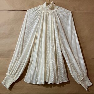 Zimmermann | Silk Swiss Dot Blouse Smocked High Neck Top Sheer Cream Size 6